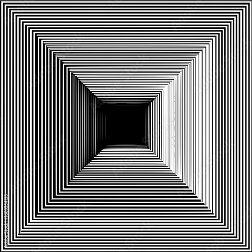 Black and white optical illusion featuring nested squares creating a tunnel perspective effect