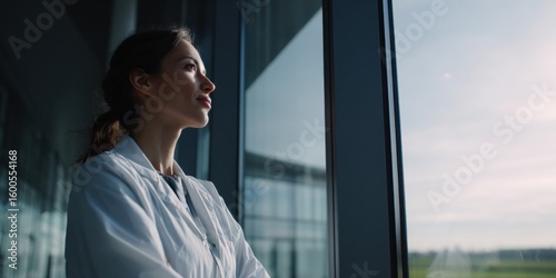 Contemplative woman gazing out a large window, reflecting on her thoughts in a modern space. Free Download Contemplative woman gazing out a large window, reflecting on her thoughts in a modern space. - GFXLoad