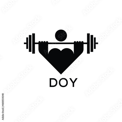 Minimalist DOY Logo with Dumbbell and Strong Arm Silhouette - Fitness Icon Design. DOY Letter Logo.
