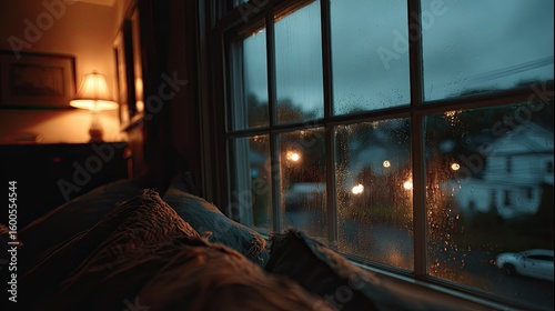 Rainy night view from cozy bedroom window