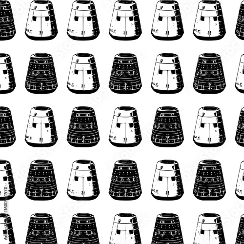 Seamless pattern of stylized space capsules in black and white showcasing futuristic design elements and repetition