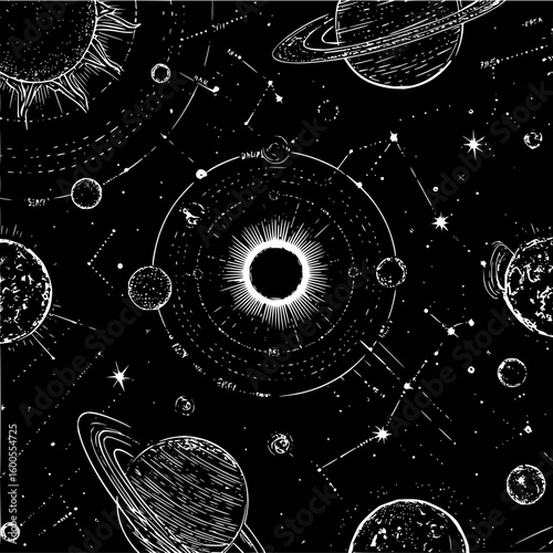 Stylized celestial map featuring planets constellations and a central sun on a black background design