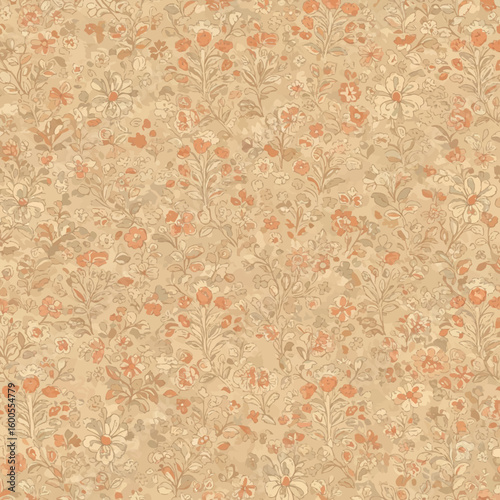 Delicate floral pattern on beige fabric, featuring small orange and cream flowers and stems.