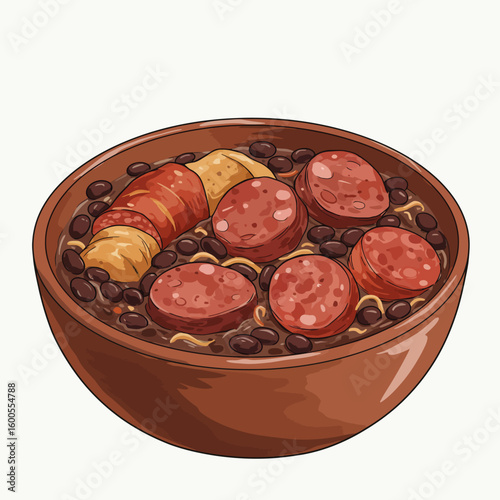 Traditional Brazilian Feijoada dish illustration savory black bean stew with meats in a brown bowl