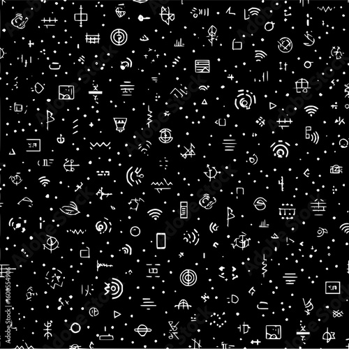 Seamless pattern of white doodle icons and dots on a black background creating a chaotic yet organized design