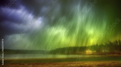 Dramatic Storm Over Lake with Colorful Aurora Borealis Display