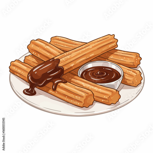 Delicious golden churros with rich chocolate dipping sauce on a white plate sweet treat