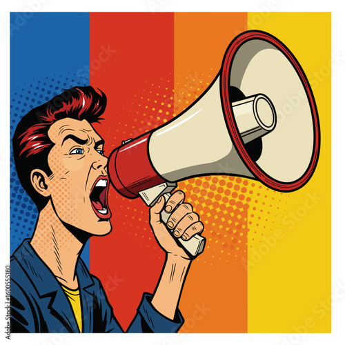 A pop art depiction of a man shouting into a megaphone with a colorful background.