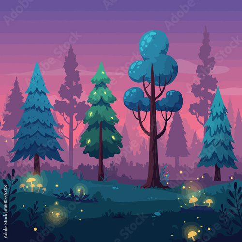 Enchanted forest illustration with glowing mushrooms and fireflies under a twilight sky, featuring various trees and lush vegetation.