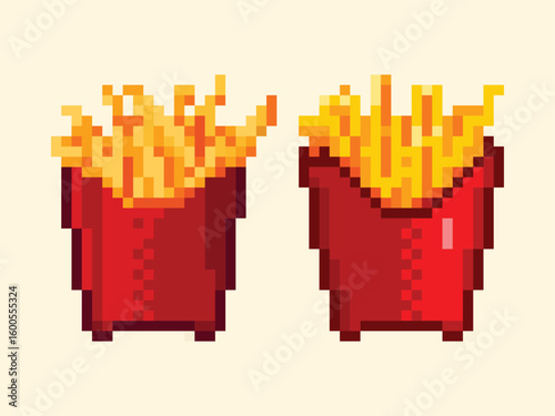 Pixel Art French Fries in Red Carton Set. A set of two pixel art illustrations of golden french fries in a classic red carton.