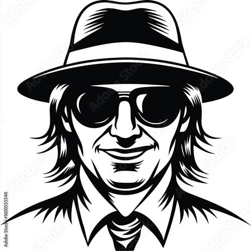 Smiling man wearing hat and sunglasses with his suit is shown in black