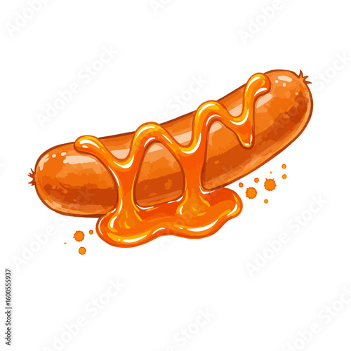 Delicious cooked sausage frankfurter with dripping orange sauce splash food illustration