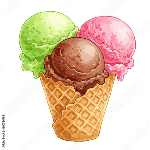 Delicious colorful ice cream scoops in waffle cone sweet summer dessert illustration
