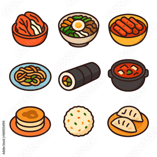Vector illustration of nine popular Korean dishes. Includes kimchi, bibimbap, tteokbokki, japchae, kimbap, kimchi jjigae, hotteok, fried rice, and mandu.