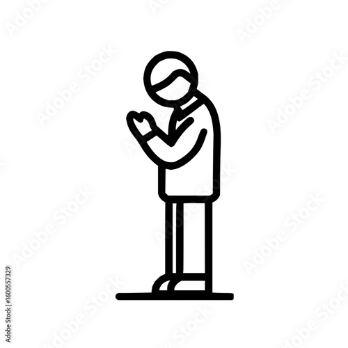 Person standing with hands pressed together in prayer or greeting in a simple black outline style