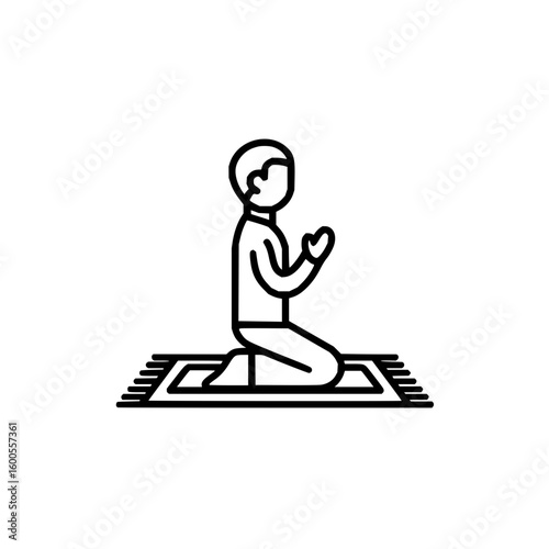 A simple line drawing of a person standing with hands clasped in prayer or supplication in a minimal style