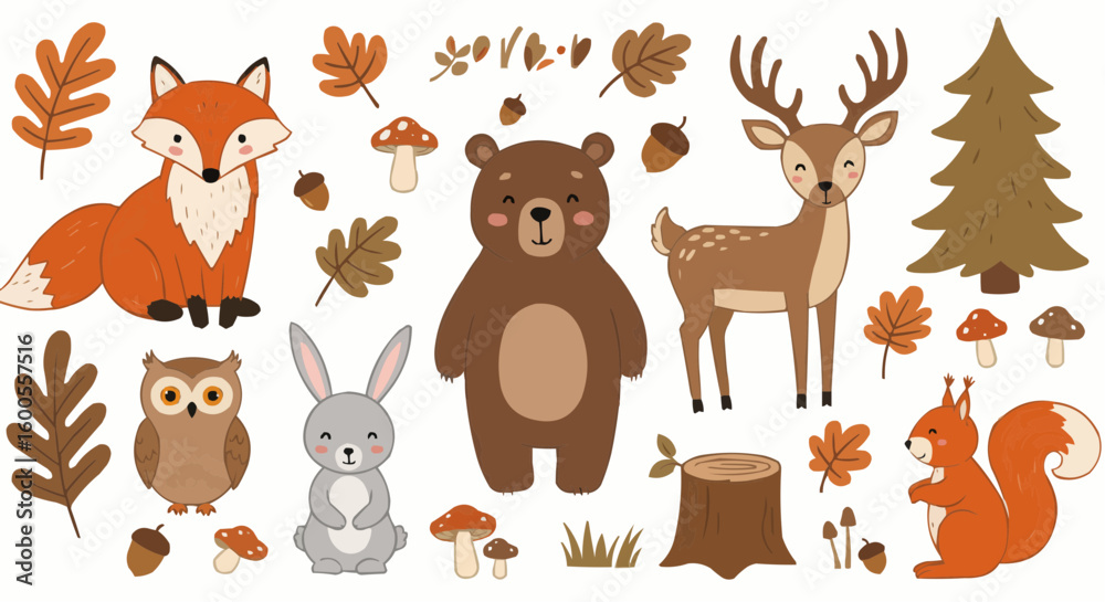 Fototapeta premium Illustration of woodland animals including a fox, bear, deer, squirrel, owl, and rabbit, along with trees, leaves, acorns, and mushrooms.