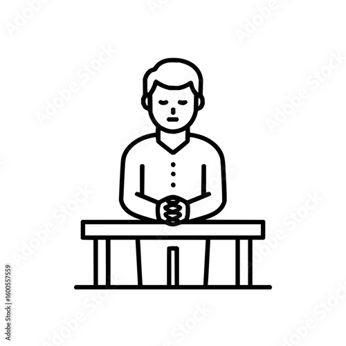 Silhouette of a person praying inside a cave with a flat base in a minimalist black and white outline style