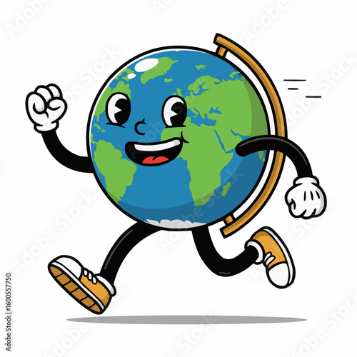 Cartoon globe character running with a happy expression, featuring continents, oceans, and classic animation style.