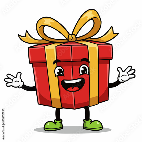 A cheerful cartoon gift box with arms, legs, and a big smile, welcomingly presenting itself.