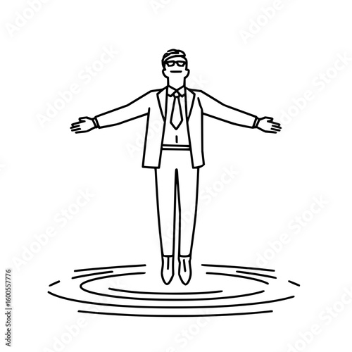 Stick figure running or jumping over a puddle of water represented by a black outline on a white background