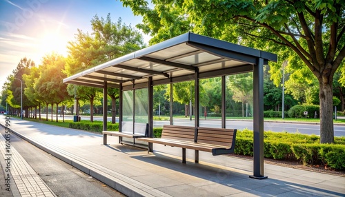 Peaceful suburban bus stop with no buses, surrounded by lush green trees on a quiet residential street, bathed in soft natural daylight—ideal for lifestyle, community, and calm urban scenes.