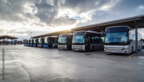 Sleek contemporary bus terminal with wide-open bus bays under a clear blue sky, featuring clean architectural lines and visible signage—perfect for urban transportation and infrastructure themes.