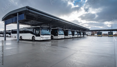 Sleek contemporary bus terminal with wide-open bus bays under a clear blue sky, featuring clean architectural lines and visible signage—perfect for urban transportation and infrastructure themes.