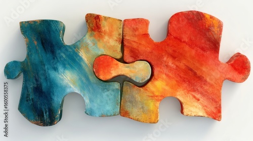 Vibrant Puzzle Pieces in Red and Blue with Abstract Painting Style