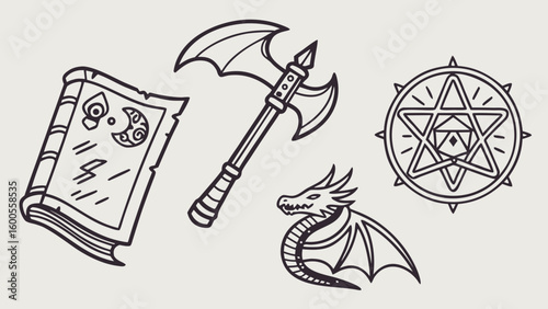 Illustration of a spellbook, double headed axe, dragon, and geometric star design in black outline style
