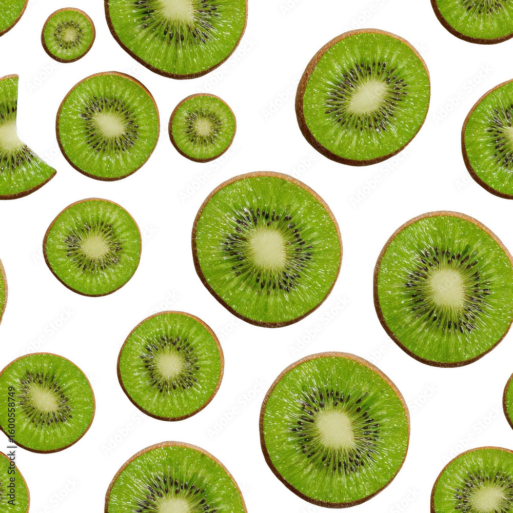 Fototapeta premium Fresh kiwi slices scattered across a clean transparent background for a healthy pattern