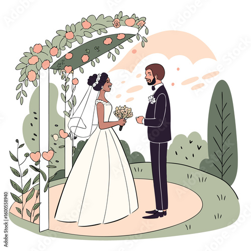 Newlyweds celebrating their love with family and friends on their wedding day, a joyful illustration of marriage