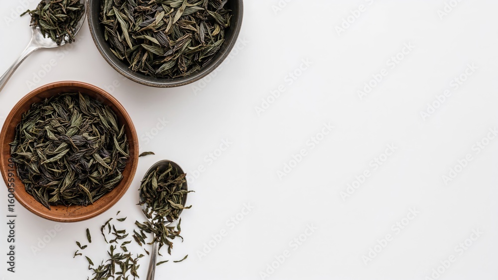 Fototapeta premium Dry tea leaves displayed in bowls and spoons for a ceremonial tea setup, captured from above on a white background with space for writing