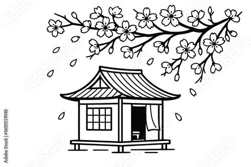 Traditional Japanese Tea House with Falling Cherry Blossoms Vector