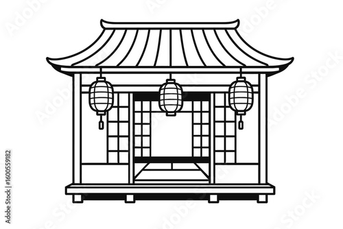 Traditional Japanese Tea House with Hanging Lanterns Vector Icon