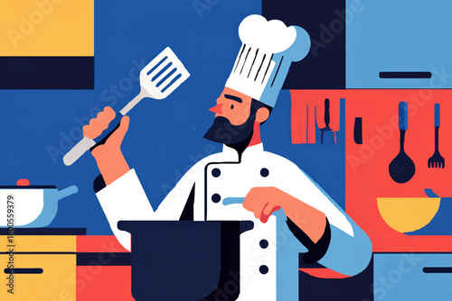 Chef preparing meal with spatula in kitchen


