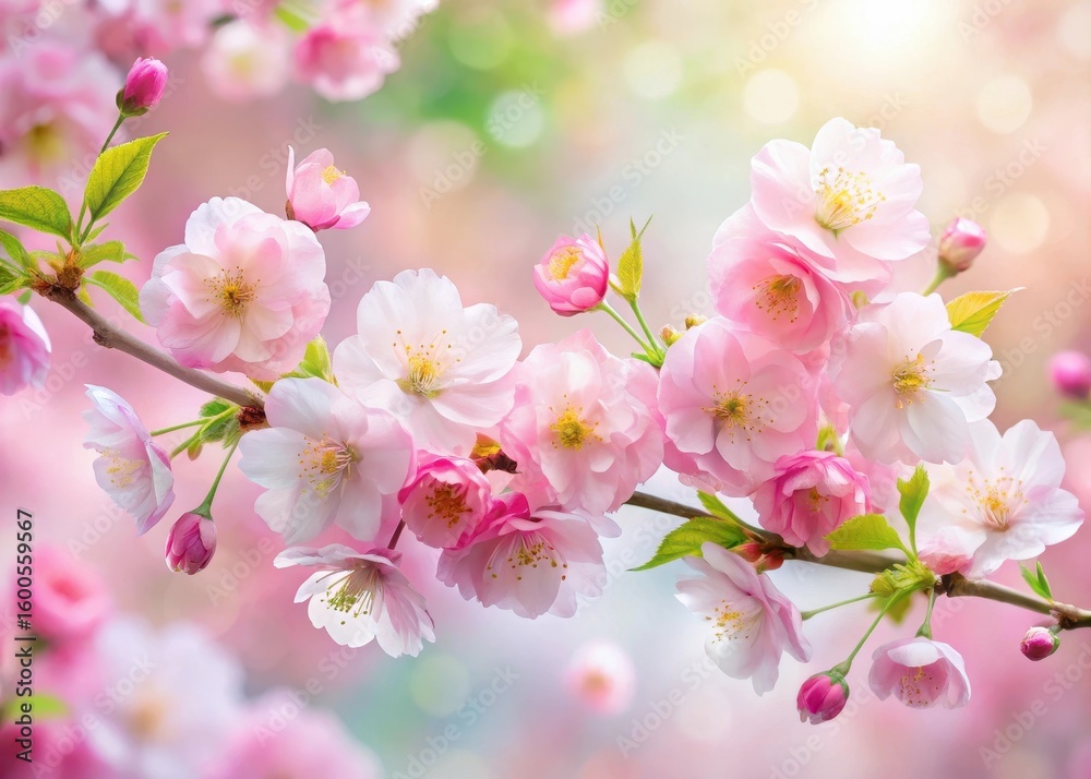 Fototapeta premium Delicate cherry blossom flowers in soft pink shades with slender green stems and lush foliage