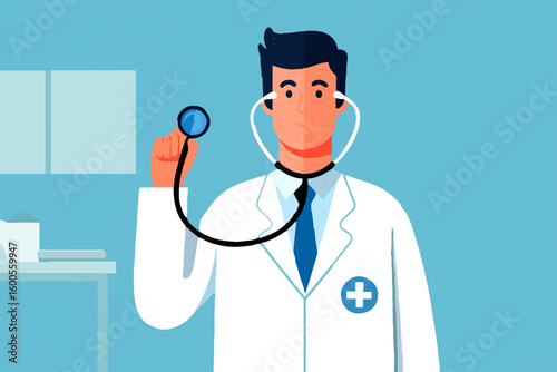 Young male doctor with stethoscope on blue background

