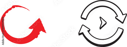 Two circular arrows one red and one black outline representing refresh or repeat isolated on transparent background