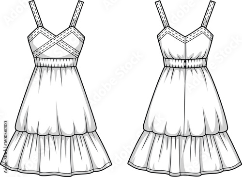 Cad drawing flat vector illustration of women’s sleeveless strappy summer dress, tiered bubble skirt silhouette, front & back fashion template design