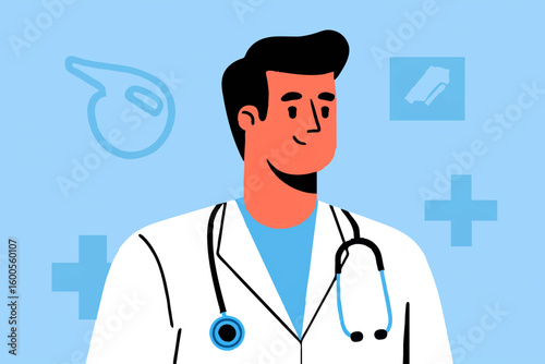 Young male doctor with stethoscope on blue background


