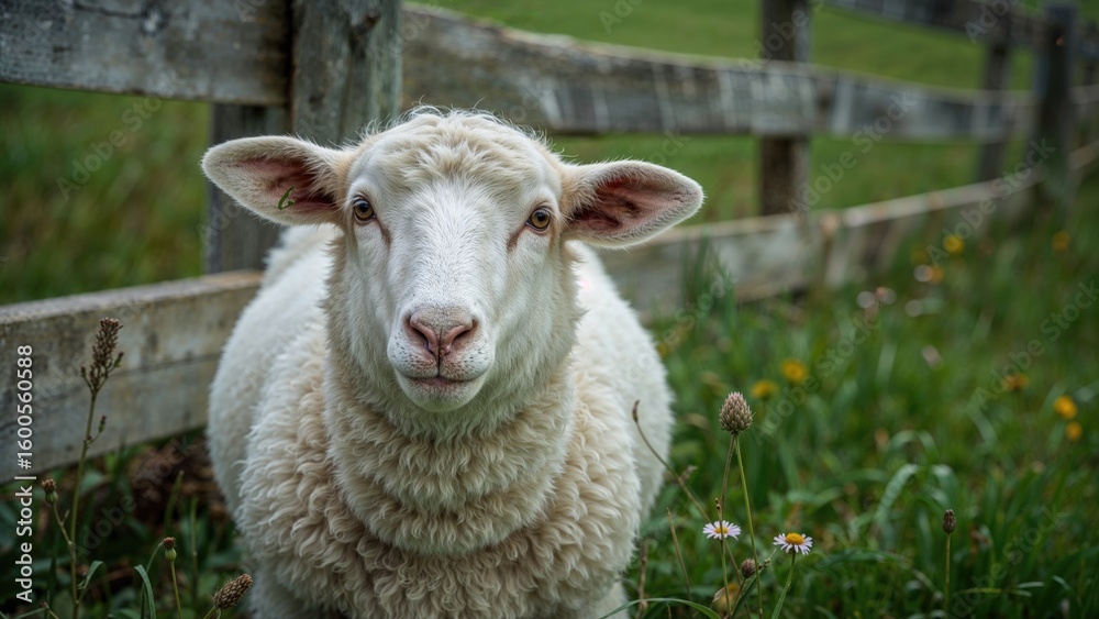 Obraz premium Close-up of a sheep with a woolly coat standing near a rustic wooden fence surrounded by lush green grass and wildflowers.