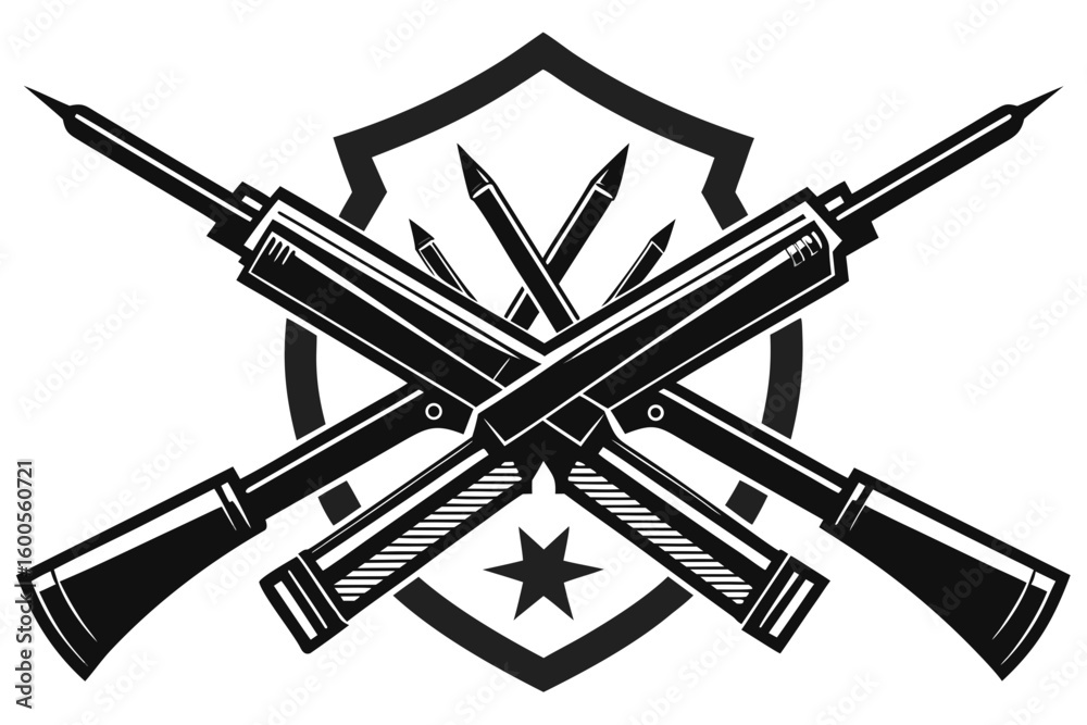 Naklejka premium Black and white emblem with crossed rifles and spears behind a shield with a star