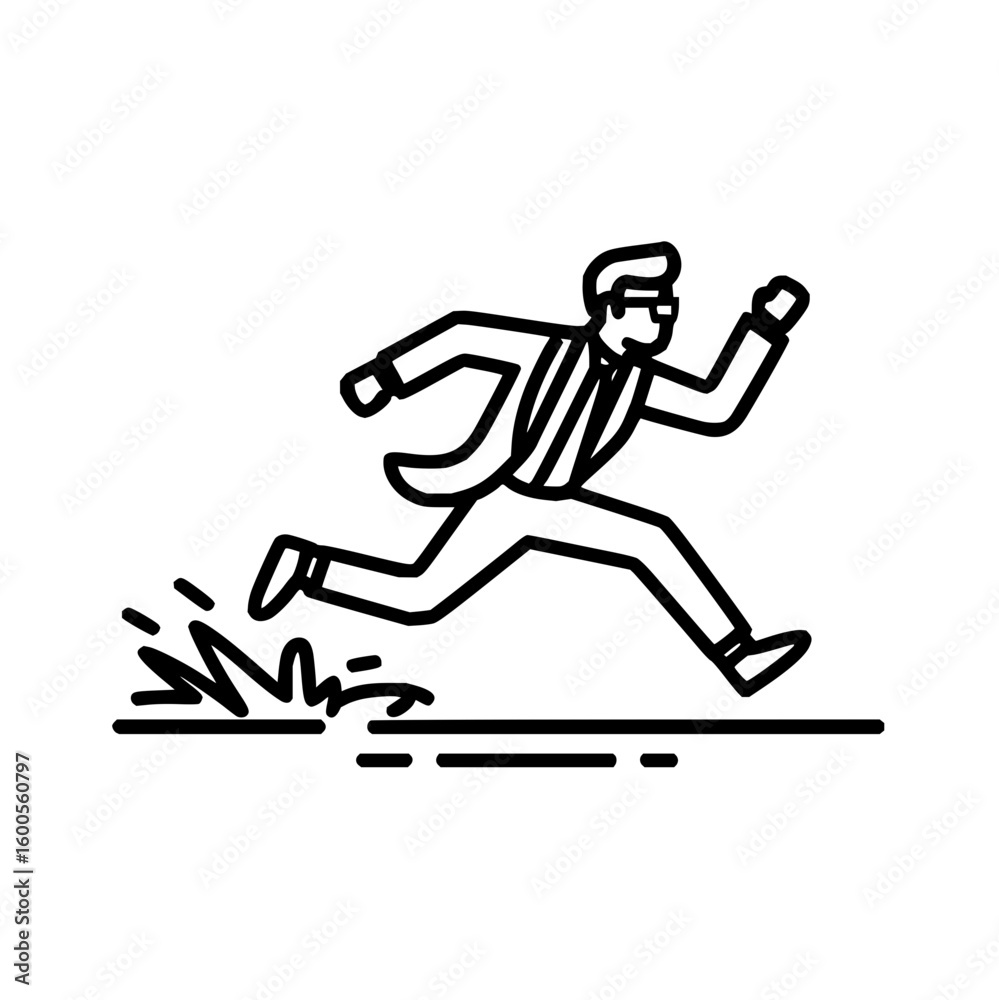 Fototapeta premium A stick figure running or jumping over a puddle with water splashing in a black and white illustration