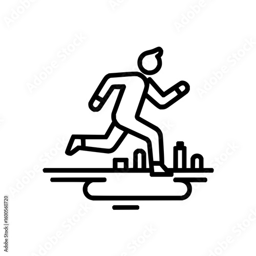A minimalist line drawing of a person running or skipping over a body of water with splashing effect near feet