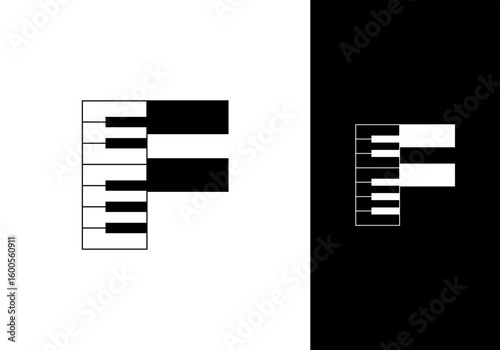Abstract Initial letter F and Piano logo design vector illustration