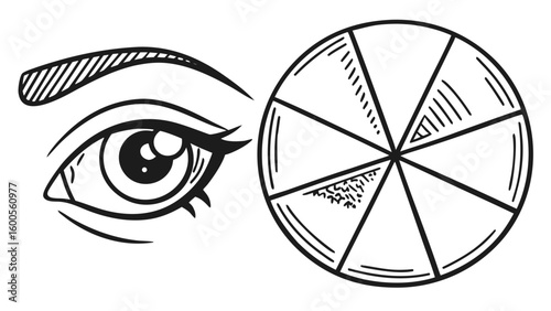 Illustration of an eye with eyebrow and a segmented circle with varied textures near the eye