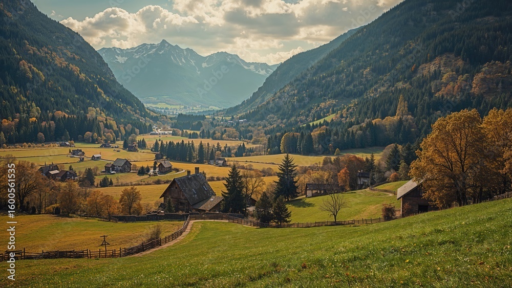 Obraz premium Beautiful autumnal landscape featuring a mountain valley, forests, agricultural fields, and rustic homes.