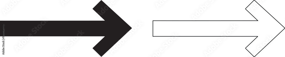 Fototapeta premium Bold black arrow pointing right next to a dashed outline arrow isolated on transparent background