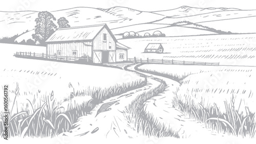 Rural Farm Scene with Barn and Fields